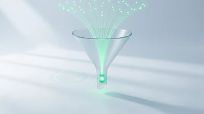 Frosted glass funnel concentrating converging emerald light-streams into one bright node, evoking capturing Amazon marketplace demand.
