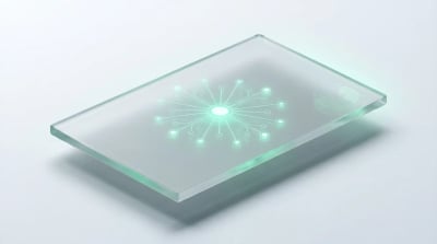 Frosted glass slab with a glowing emerald hub-and-spoke network, evoking how to pick an ecommerce SEO agency.