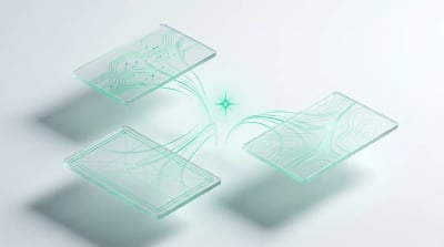 Three frosted-glass panels converging emerald light into one spark, evoking DTC Facebook ads scaling.