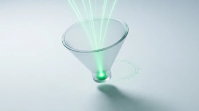 A frosted glass funnel with converging emerald light-streams narrowing to one bright node, evoking managed Google Ads filtering traffic to qualified conversions.
