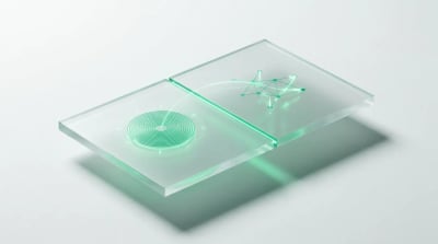 A frosted glass slab split into a tight emerald dial and an open node graph, symbolizing growth vs performance scope.