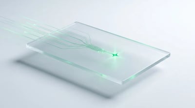 Frosted glass slab with emerald light-streams converging to one spark, evoking choosing a single PPC agency.