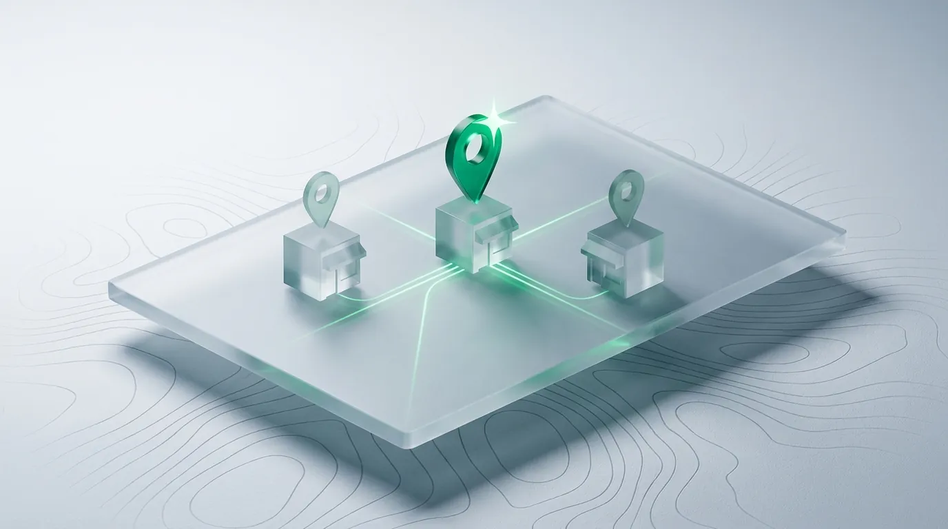 A frosted glass map slab with three small glass storefront blocks, one crowned by a glowing emerald location pin with light trails converging on it.
