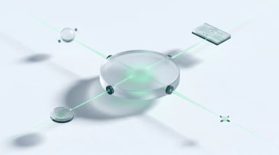 Several emerald light-streams converging into one frosted glass hub, evoking a media buying agency coordinating channels into one budget.