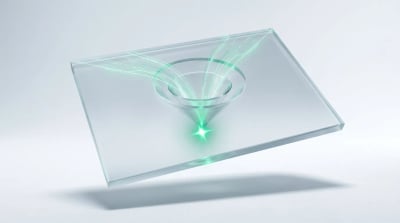 Frosted-glass funnel channeling emerald light-streams into a single spark, evoking disciplined PPC management services.