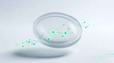 A frosted glass lens magnifying part of a soft emerald node network, evoking an SEO audit bringing a DTC store's structure into focus.