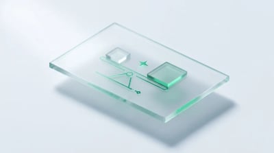 A single frosted-glass slab with an emerald balance motif, evoking the Shopify Plus vs Shopify upgrade decision.