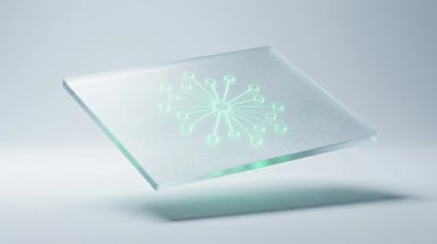 A frosted-glass slab etched with a glowing emerald hub-and-spoke node graph, evoking Shopify SEO site structure and organic ranking.