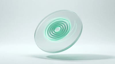 Frosted glass disc with a glowing emerald spiral coil, symbolizing a fast TikTok creative-testing loop.