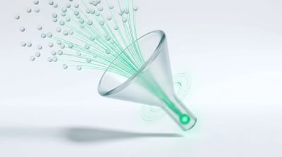 Frosted glass funnel with many emerald light-streams converging into one bright node, evoking how creator videos feed a TikTok Shop engine.