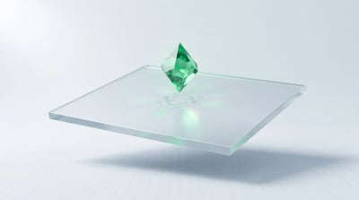 A single faceted emerald crystal floating above a frosted glass slab, symbolizing the owned creative asset a UGC agency produces.