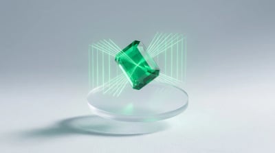 A single faceted emerald crystal refracting light above a glass disc, an abstract emblem for boutique video ad creative production.