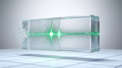 A frosted glass slab transforming from old to new while an unbroken stream of emerald nodes flows through it, evoking a website redesign that preserves traffic and revenue.
