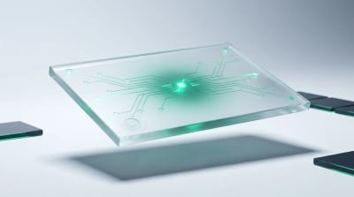 Emerald hub-and-spoke node motif on frosted glass — a brand cited at the center of an AI-generated answer