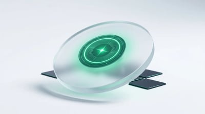 Frosted glass lens-disc with a glowing emerald concentric dial showing where YouTube video ads focus attention in the DTC mix.