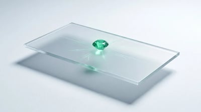 A translucent frosted-glass apparel rack feeding short vertical creator-video panels lit emerald, with a small returns-loop running back, evoking fashion marketing where return rate and size-and-fit content decide the margin.