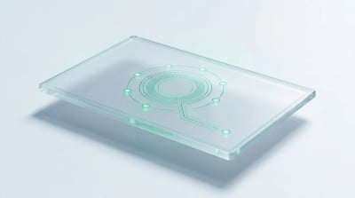 A translucent frosted-glass skincare bottle surrounded by short vertical creator-video panels lit emerald, evoking the UGC-and-proof creative patterns driving skincare ads in 2026.