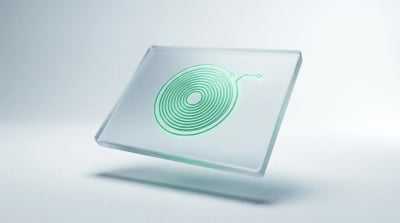 Single frosted-glass slab with a glowing emerald compliance dial, the calm foundation of a wellness marketing agency engagement.