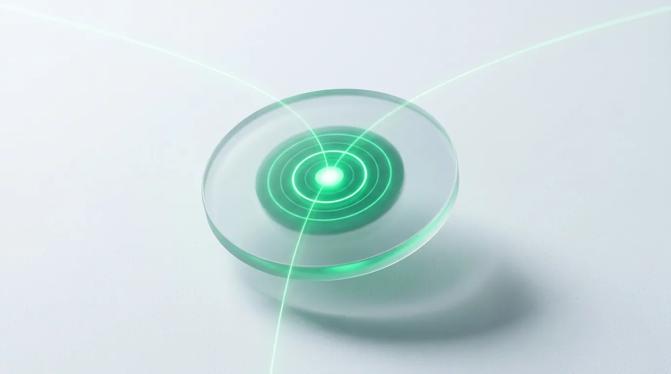 Frosted glass lens disc with glowing emerald target rings and converging light-streams, evoking precise marketplace ad targeting.