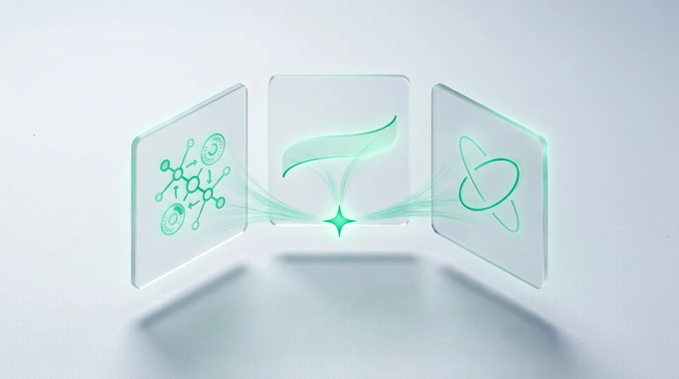 Three etched frosted glass panels sending emerald light-streams into one bright spark, symbolizing three ad formats joined into a single funnel.