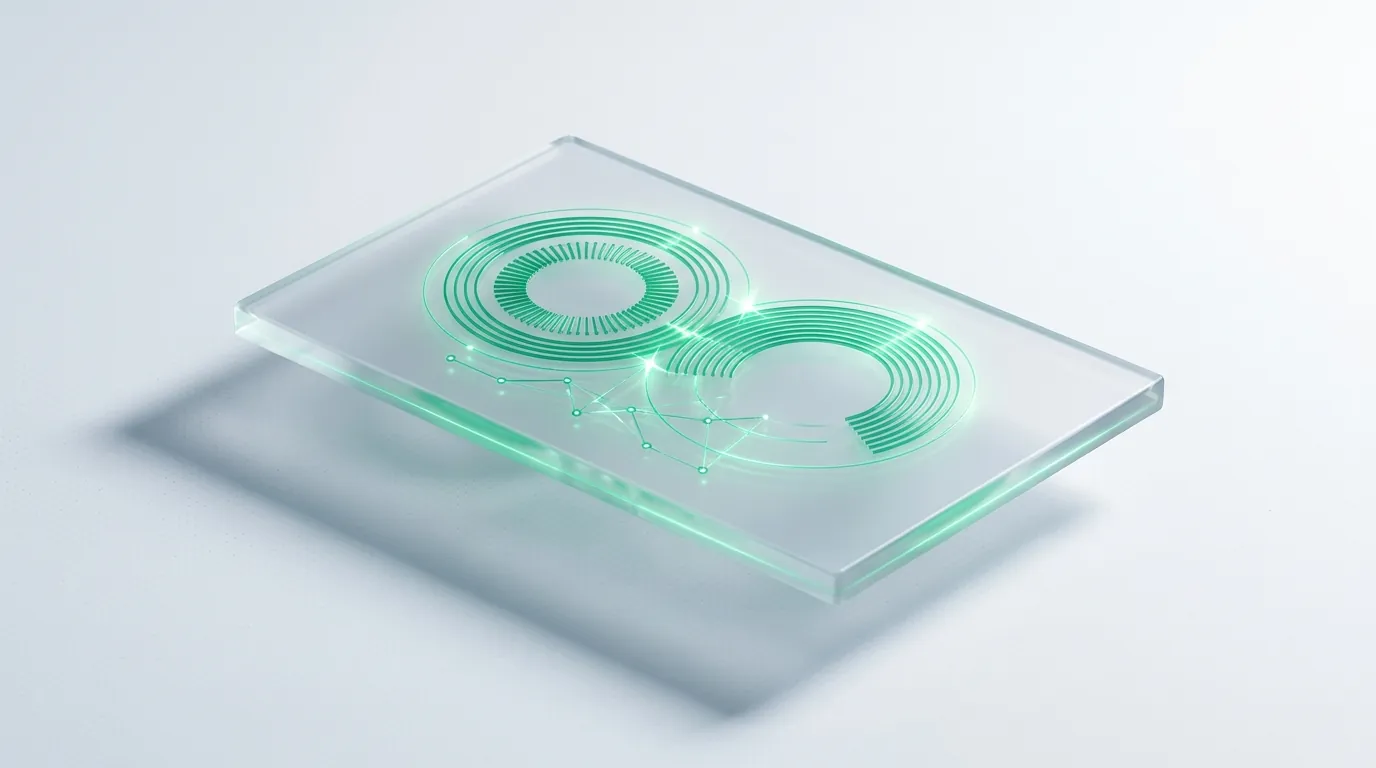 A frosted glass slab etched with two emerald radial dials and a faint node graph, evoking two efficiency metrics read together as instrumentation.