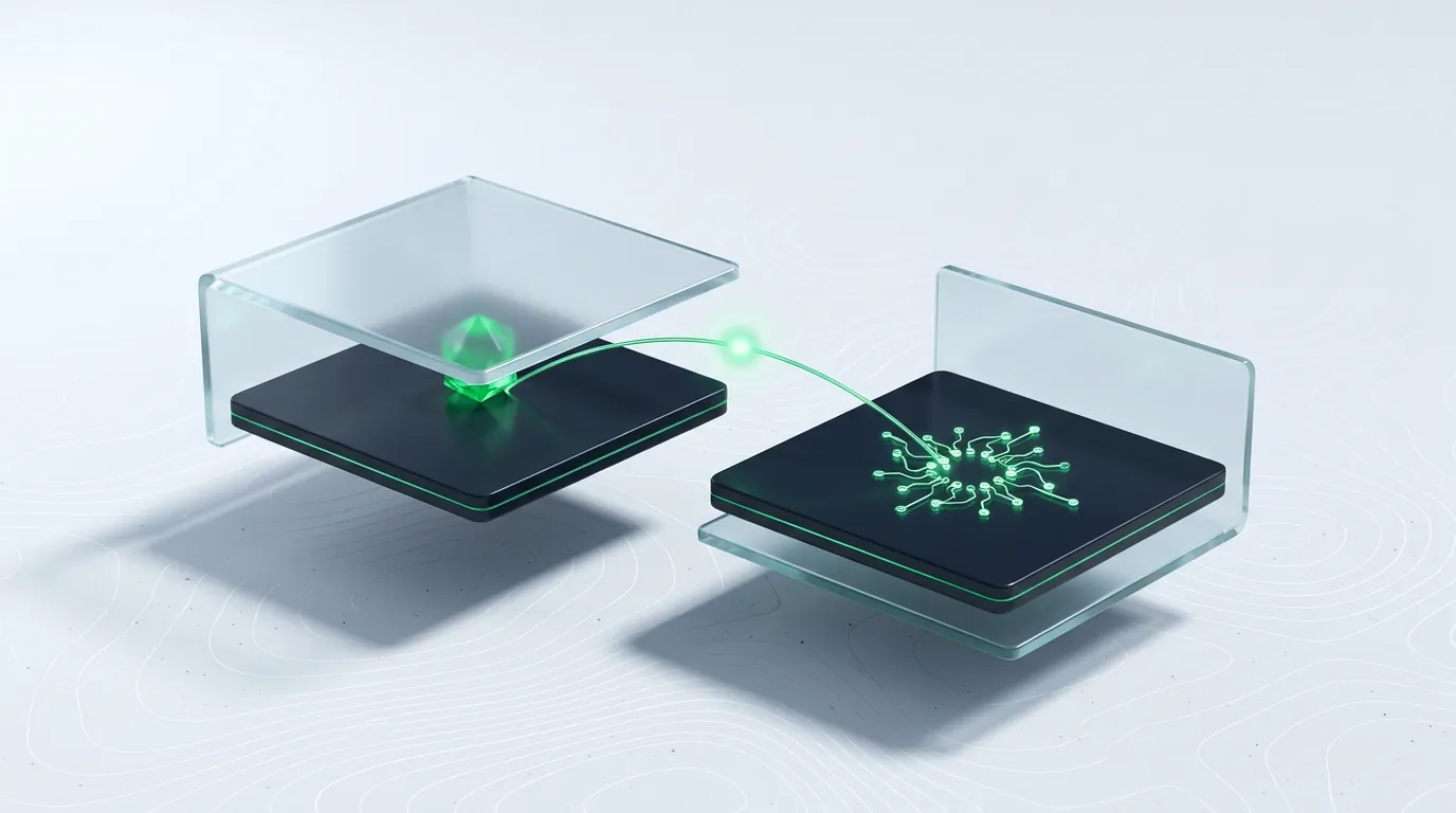 Two dark emerald-edged tiles, one holding a faceted gem and one a node cluster, linked by a single light-line, evoking brand-versus-marketplace tension.
