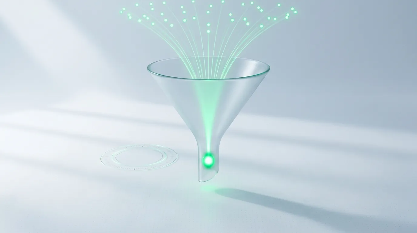 Frosted glass funnel concentrating converging emerald light-streams into one bright node, evoking capturing Amazon marketplace demand.