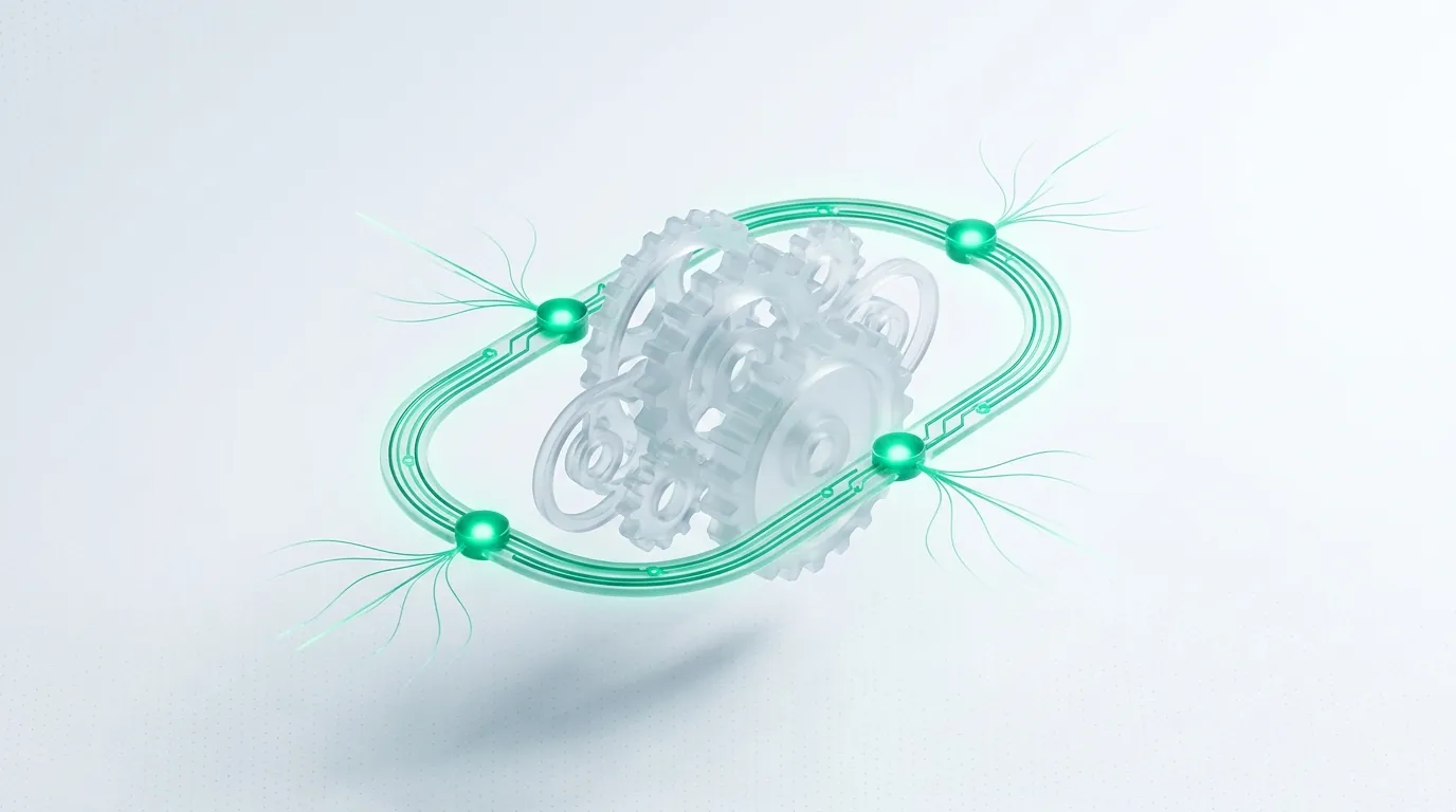 A looping emerald circuit threading through frosted glass cogs with four nodes, evoking the repeating weekly Amazon PPC management cycle.