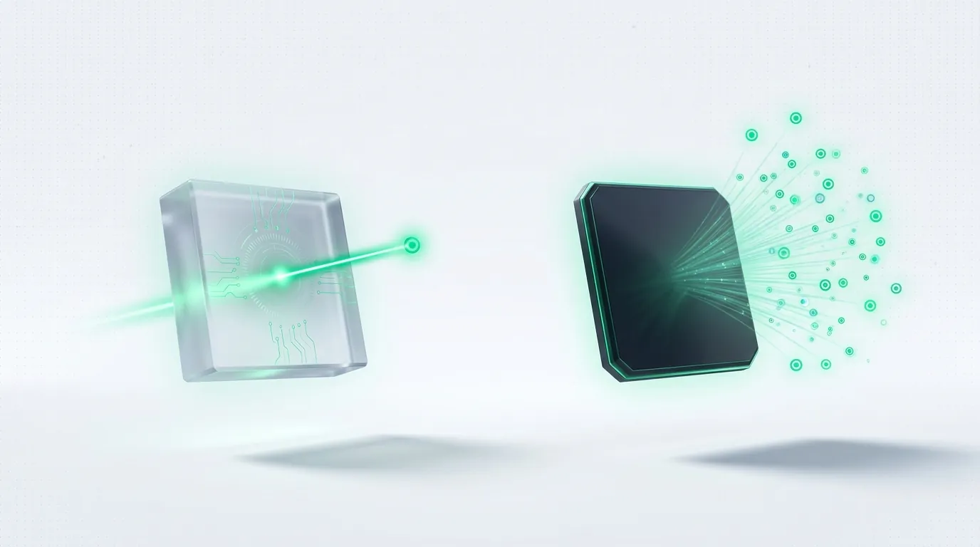 A tight focused emerald beam beside a broad emerald fan from a dark tile, evoking Amazon Sponsored Ads search versus DSP audience advertising.