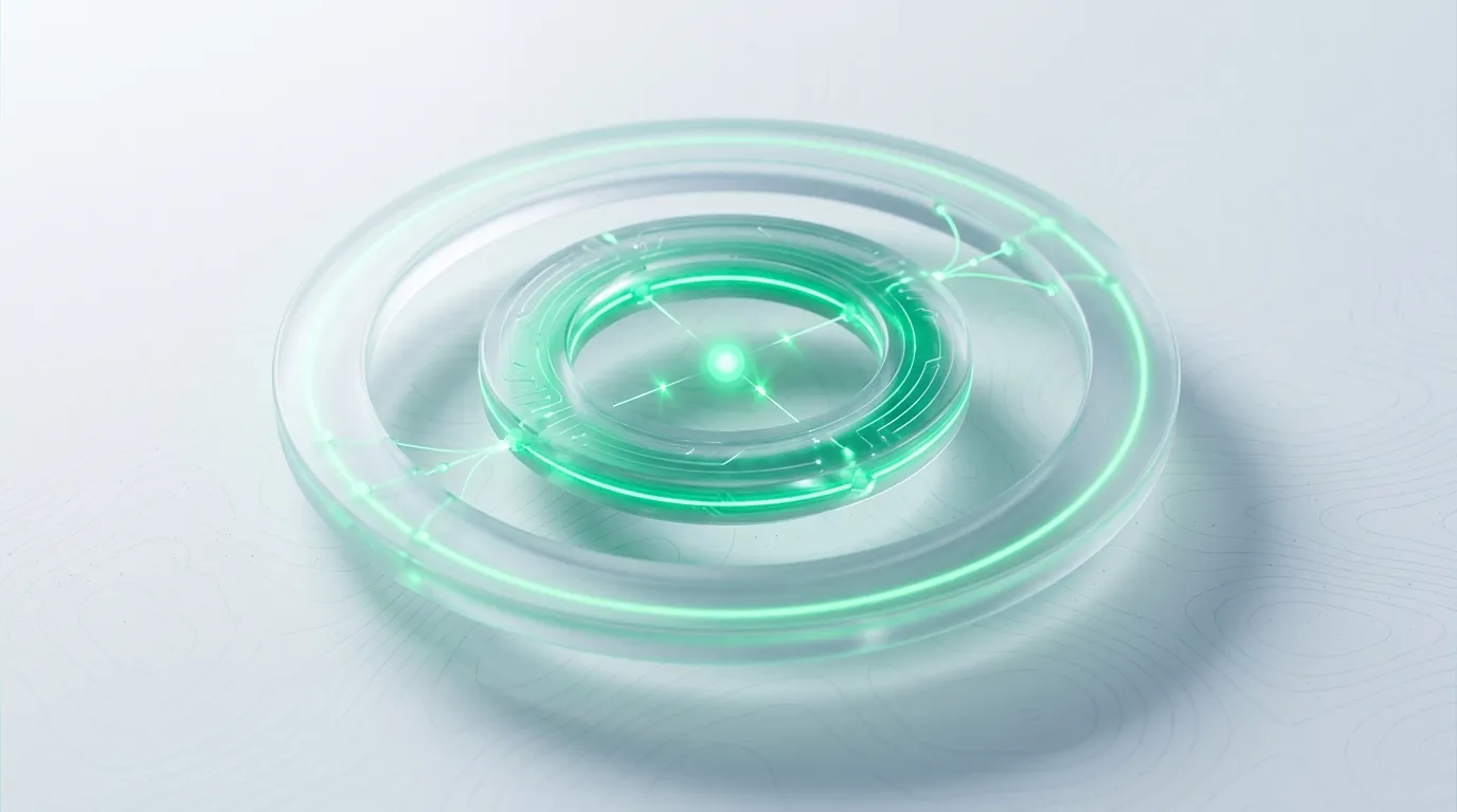 Two nested emerald glass rings orbiting a shared node with filaments feeding outward, evoking paid ad sales lifting organic sales (TACoS).