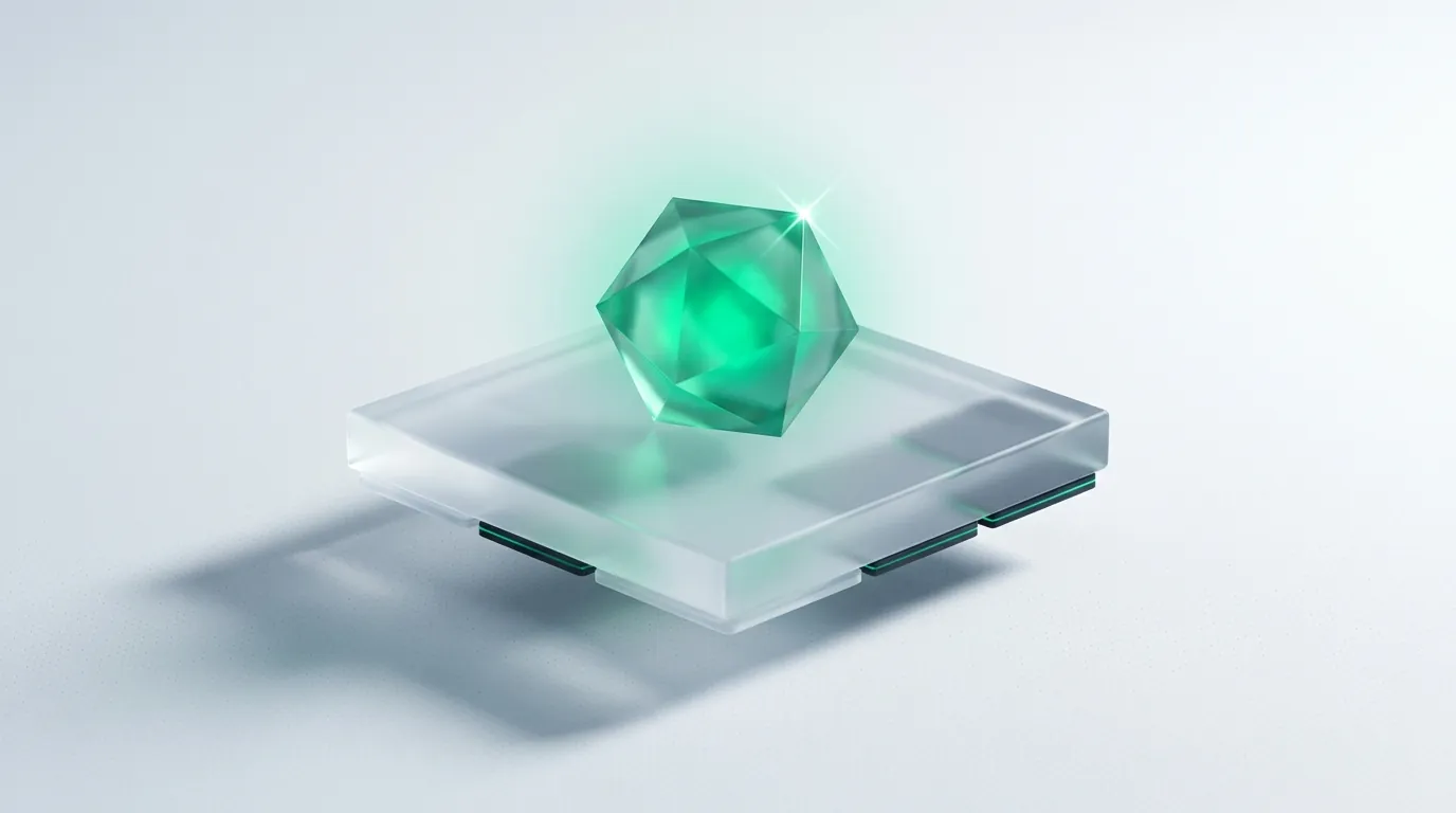 A translucent frosted-glass beauty bottle dissolving into a stream of emerald creator-video frames and a repeating replenishment cycle, evoking UGC-led beauty marketing built on repeat purchase.