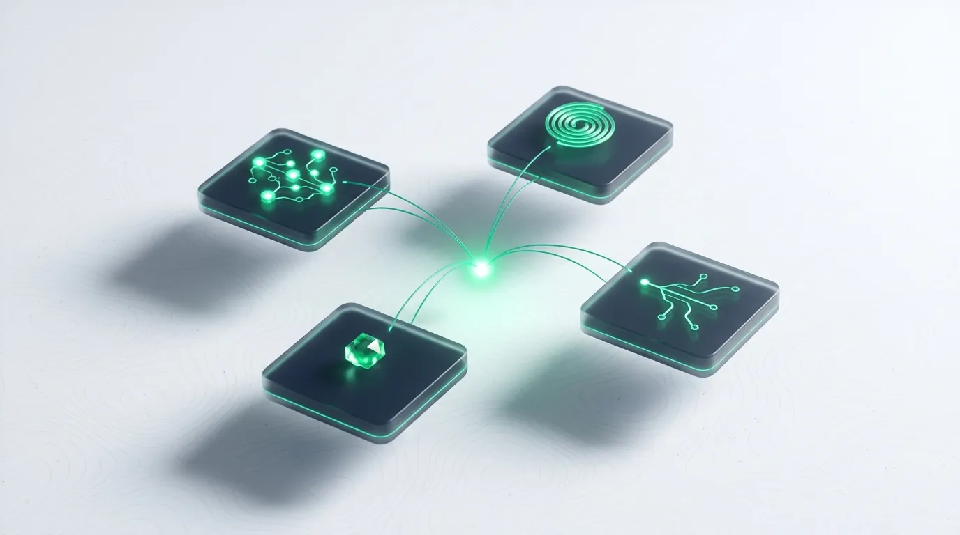 Frosted-glass display of short vertical creator-video panels — ingredient text, founder portrait, texture swipe — each lit emerald, evoking the UGC-and-proof beauty creative mix that converts in 2026.