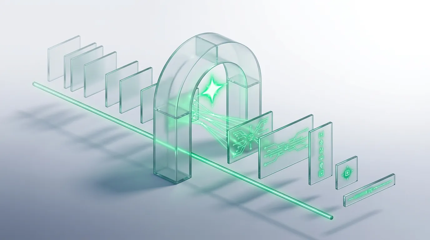 Blank frosted glass slabs passing through a glowing emerald gateway and emerging as four distinct finished panes, evoking a content creation agency's production engine.