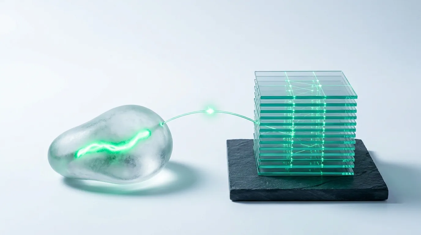 An organic glass pebble with an emerald filament facing an engineered stack of glass panes, linked by a light bridge — creator versus agency content systems.
