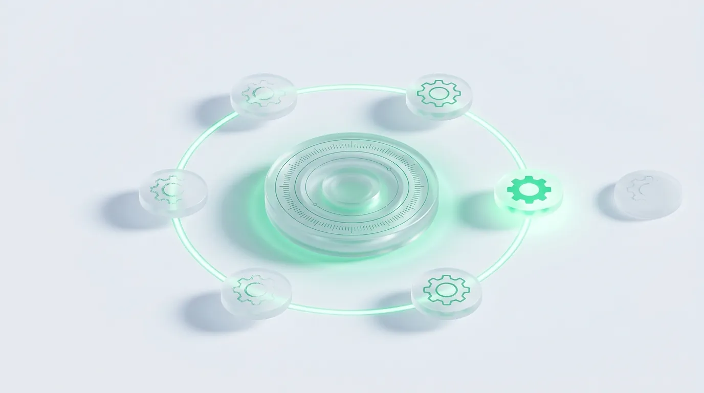 Frosted glass tiles orbiting a glowing emerald hub, each brighter than the last, evoking a content ops loop that refines work with every cycle.