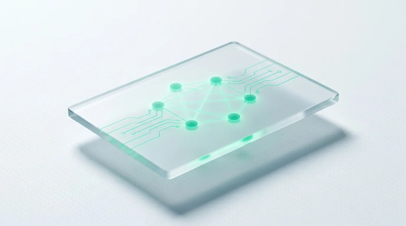 A single frosted-glass slab holding one emerald five-node network, evoking an integrated end-to-end ecommerce marketing team.