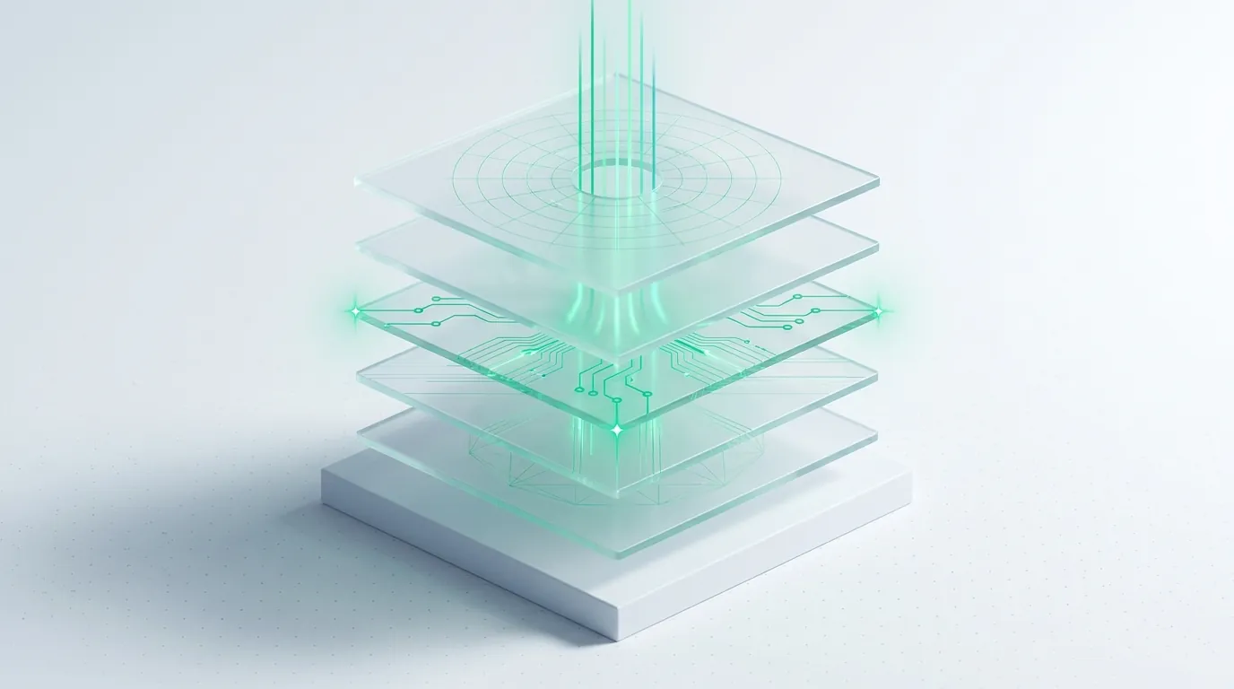 Five floating glass layers threaded by emerald guide-lines into one pipeline, evoking five interlocking marketing functions.