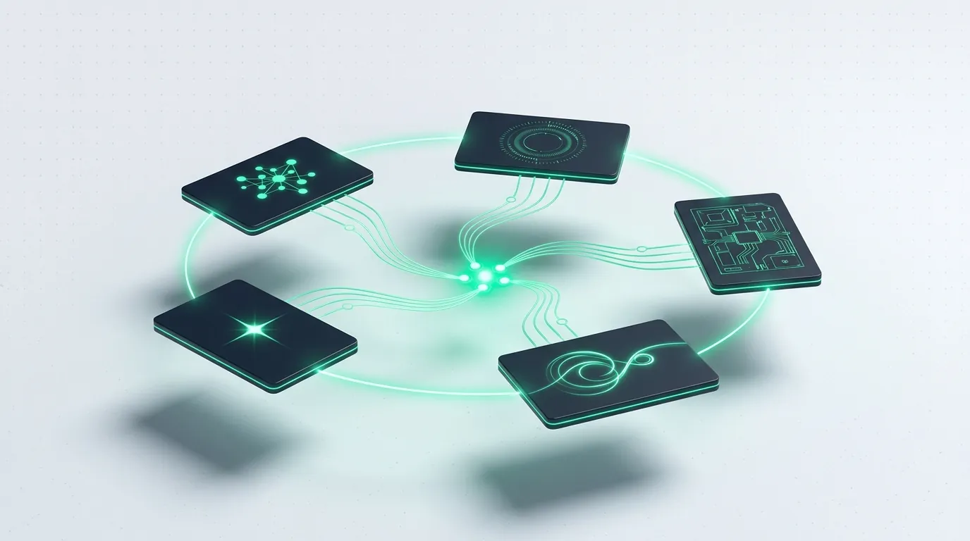 Five emerald-edged dark tiles linked by light-lines converging to one center, evoking the closed loop between marketing functions.