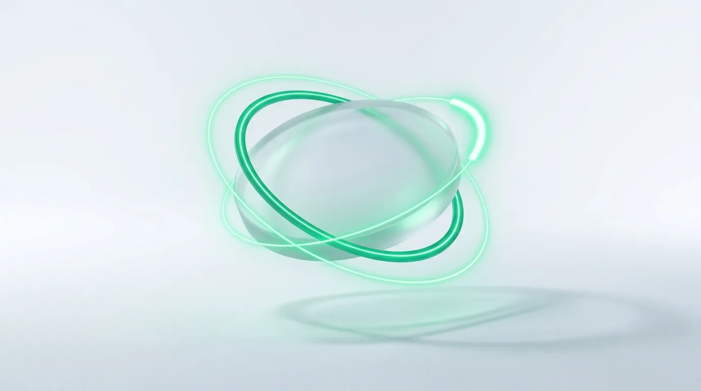 Concentric emerald orbital rings through a glass disc with one brighter arc, evoking a continuous loop and its weakest layer.