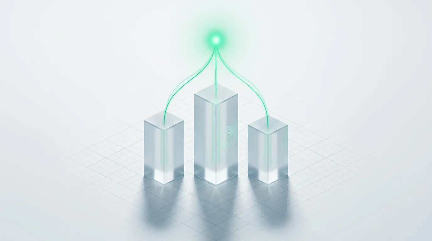 Three frosted glass pillars with emerald light-streams converging into one node, evoking the three-platform system of ecommerce PPC services.