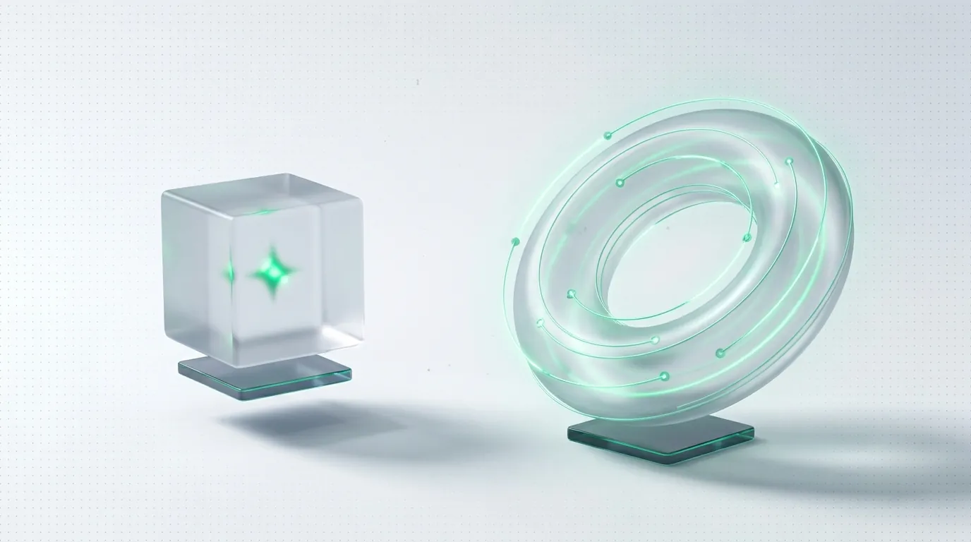 A static glass cube beside a flowing emerald-lit glass ring, evoking one-time PPC setup versus ongoing ecommerce PPC management.