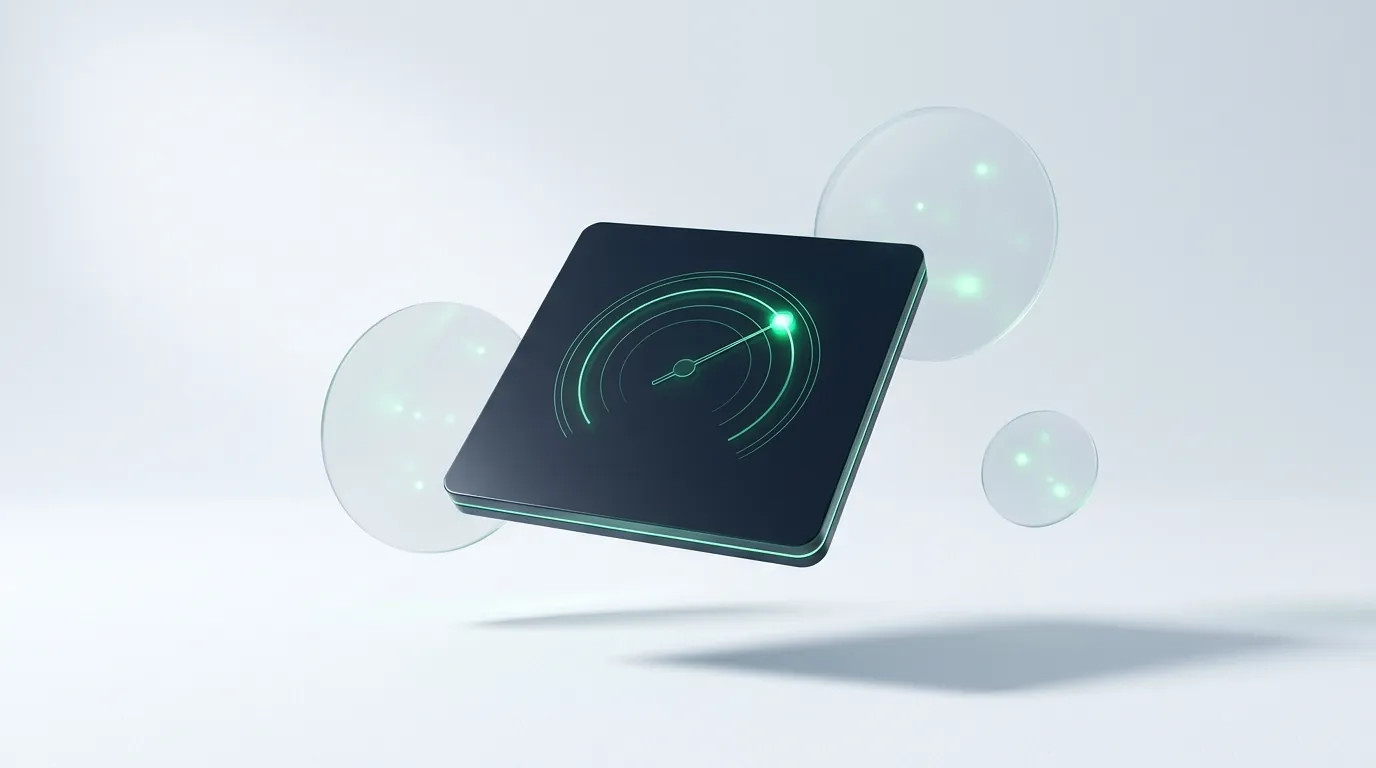 A dark emerald-edged tile with an etched gauge-dial distilling three fainter sparks, evoking blended contribution versus self-reported channel ROAS.
