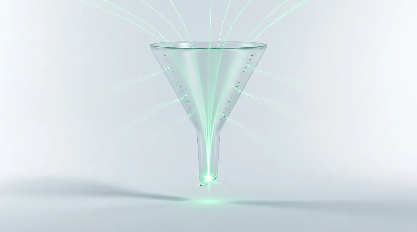 A frosted glass funnel channelling emerald light-streams to a single bright node with a few stray leaks, evoking efficient paid conversion and sealed budget waste.