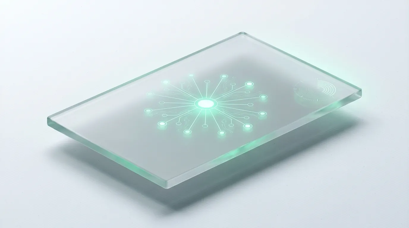 Frosted glass slab with a glowing emerald hub-and-spoke network, evoking how to pick an ecommerce SEO agency.