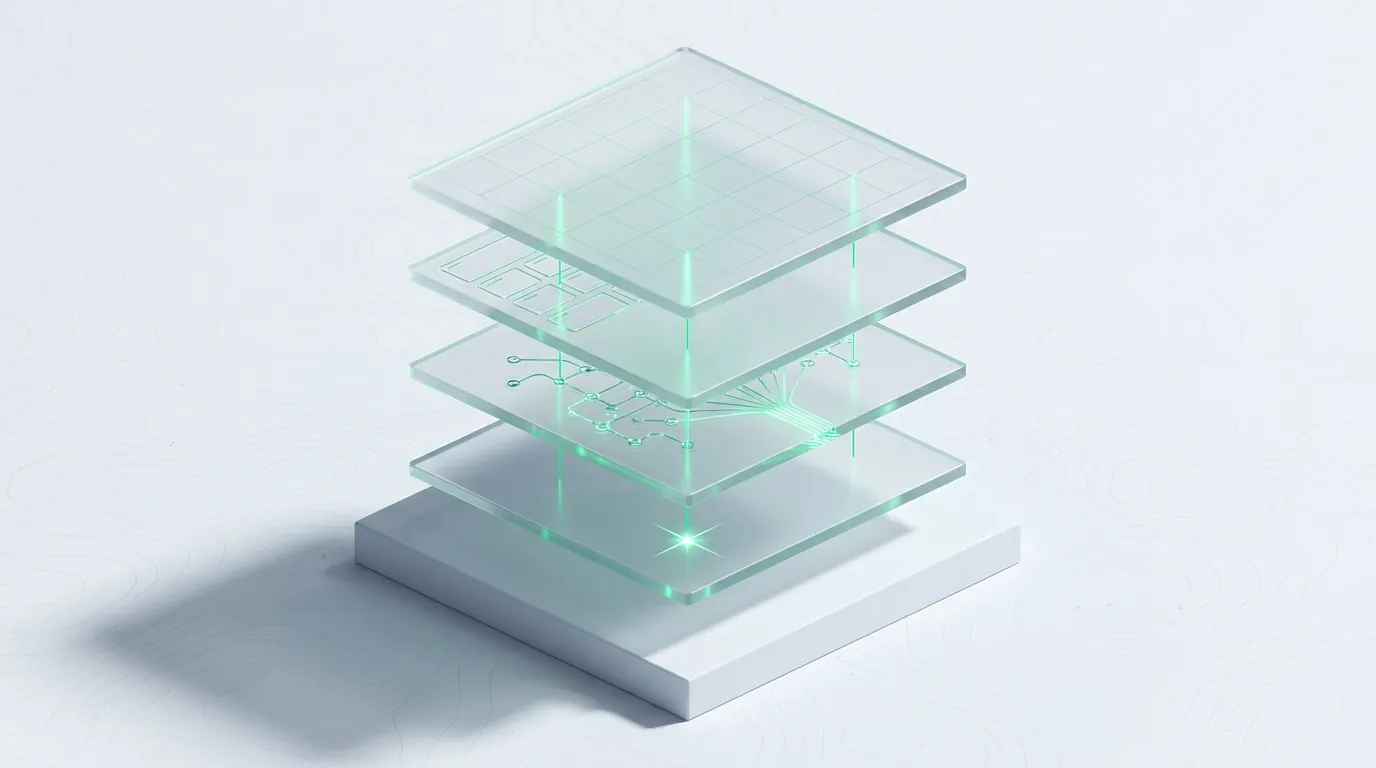 Four floating frosted glass layers linked by emerald guide-lines, evoking the four parallel workstreams of ecommerce SEO.