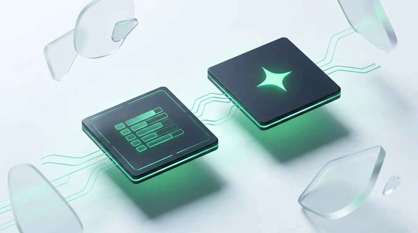 Two dark emerald-edged tiles only partly linked, evoking how organic ranking and AI-answer citation are separate work.