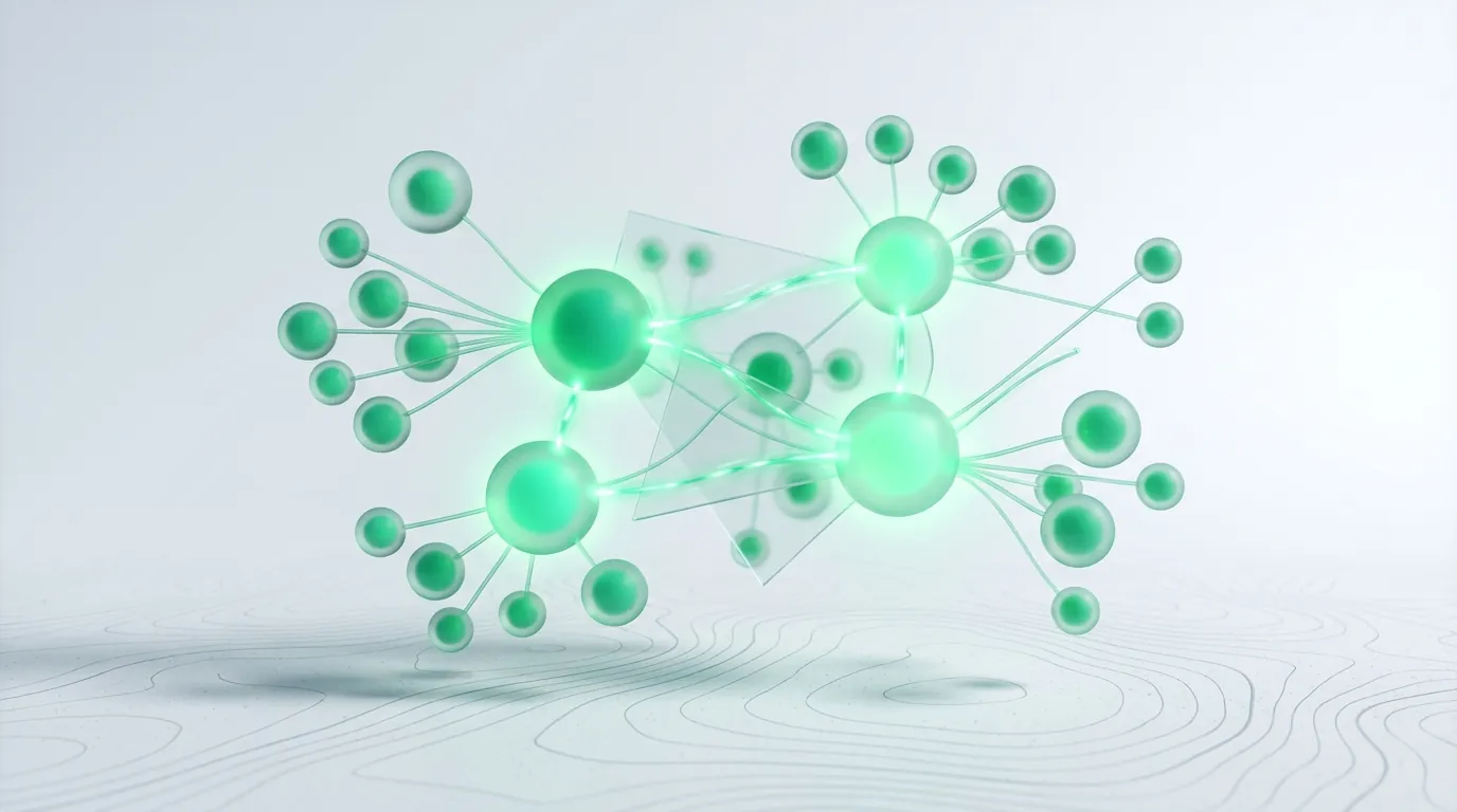 A glowing emerald node graph over faint contour terrain, evoking the topical authority a beauty and ecommerce SEO program builds.