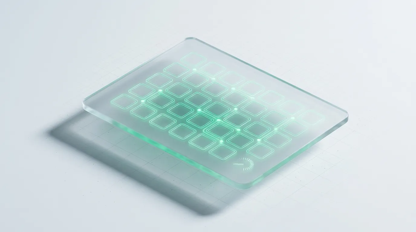 Frosted glass slab etched with an orderly emerald product-tile lattice, evoking a well-structured ecommerce store's SEO foundation.