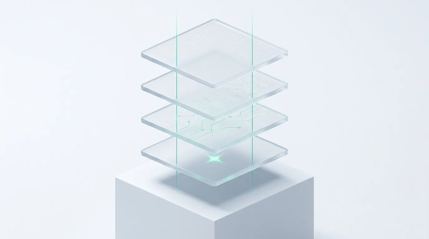 Four floating frosted glass layers linked by emerald guide-lines, evoking the four workstreams inside ecommerce SEO services.