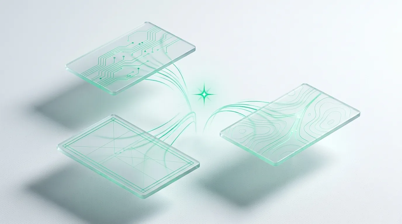 Three frosted-glass panels converging emerald light into one spark, evoking DTC Facebook ads scaling.